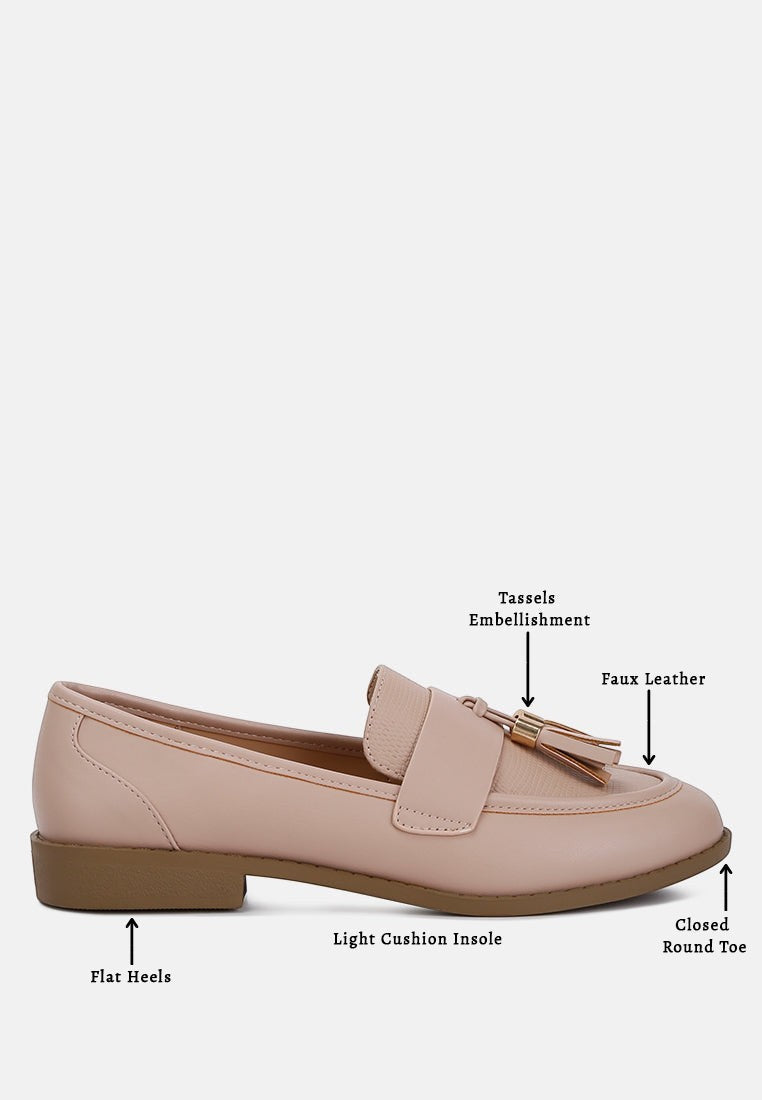 Women's pink faux leather loafers with tassels and flat heels