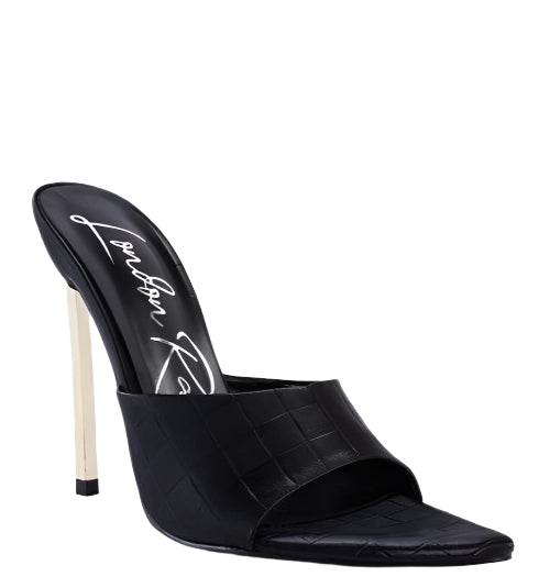 Stylish black stiletto sandals with a chic open toe and high heel for elegant occasions