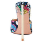 Stylish black stiletto sandals with a colorful snake print pattern and a high heel design