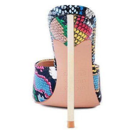 Stylish black stiletto sandals with a colorful snake print pattern and a high heel design