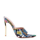 Stylish black stiletto sandals with a colorful snake print design for fashionable women