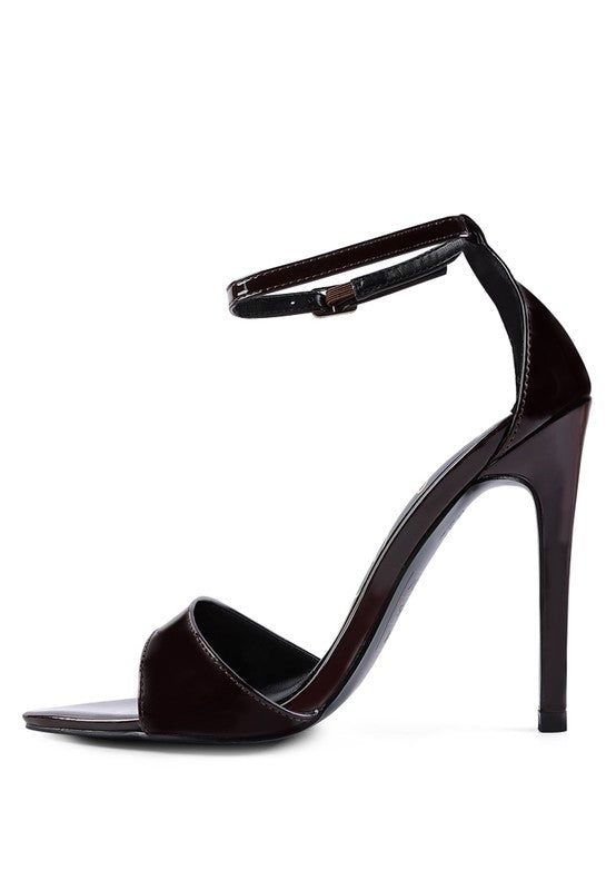Women's black ankle strap high heel sandals for evening wear