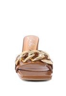Rag Company stylish block heel sandals for women with a bold chain detail in brown finish