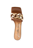 Stylish block heel sandals for women featuring a chunky gold chain detail and a sleek design