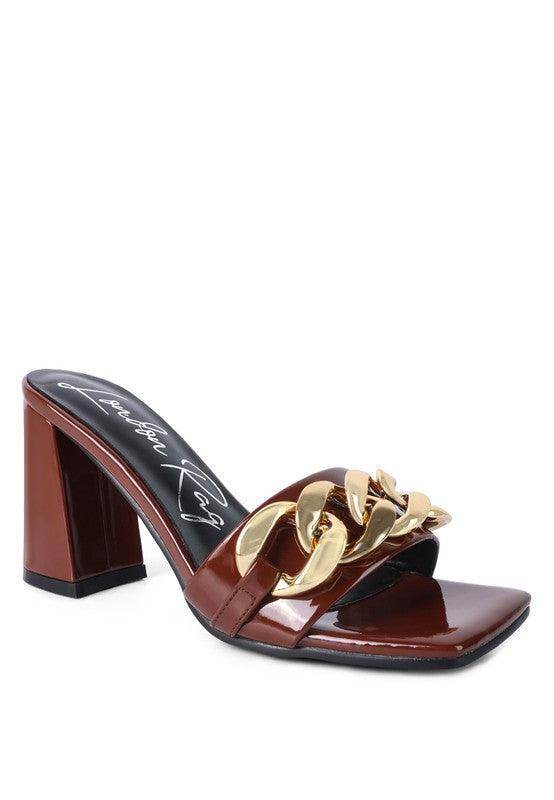Rag Company brown block heel sandals for women with bold gold chain detail on the strap