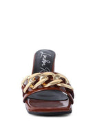 Stylish block heel sandals for women with a gold chain detail and sleek design