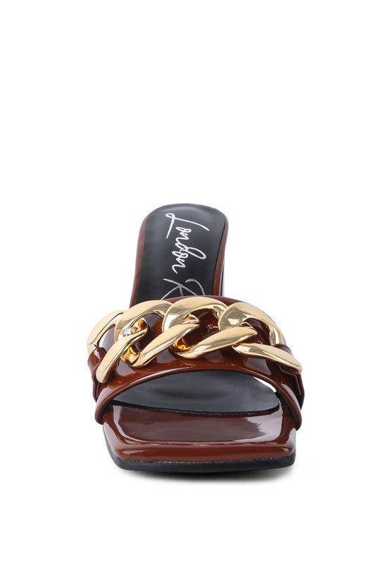 Stylish block heel sandals for women with a gold chain detail and sleek design