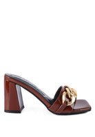 Stylish brown block heel sandals for women with decorative gold chain detail for chic outfits
