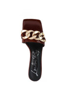 Rag Company block heel sandals for women with a chic gold chain detail on a stylish maroon design
