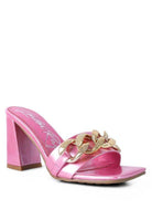 Stylish pink block heel sandals for women with a chic gold chain detail