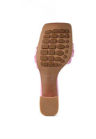 Bottom view of Rag Company pink block heel sandals for women with textured rubber sole for comfort and grip