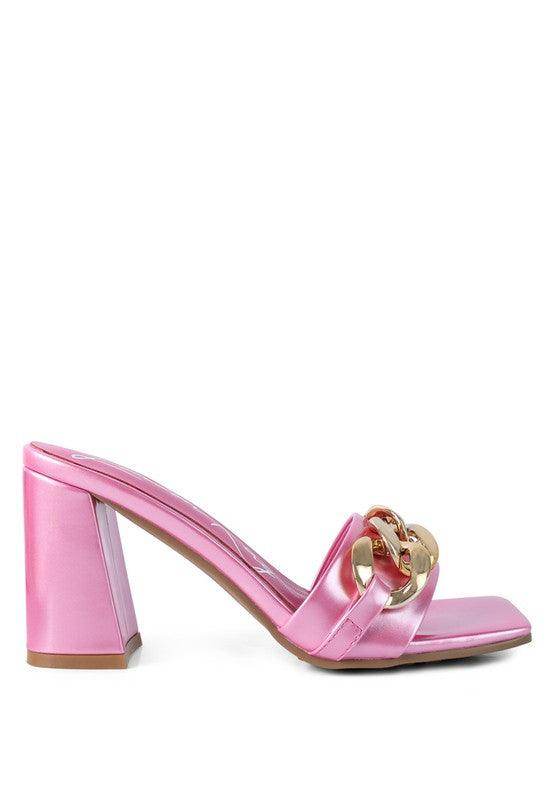 Rag Company Pink Block Heel Sandals for Women with Gold Chain Detail for Elegant Style