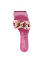 Stylish pink block heel sandals for women with gold chain detail and a chic design
