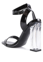 Women's chunky clear high heeled sandals with black patent straps