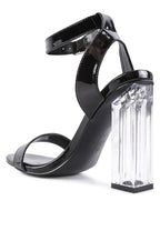 Women's chunky clear high heeled sandals with black patent straps