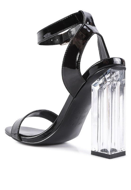 Women's chunky clear high heeled sandals with black patent straps