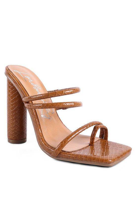 Dandelion croc sandals with a stylish block heel and striped straps for women's fashion.