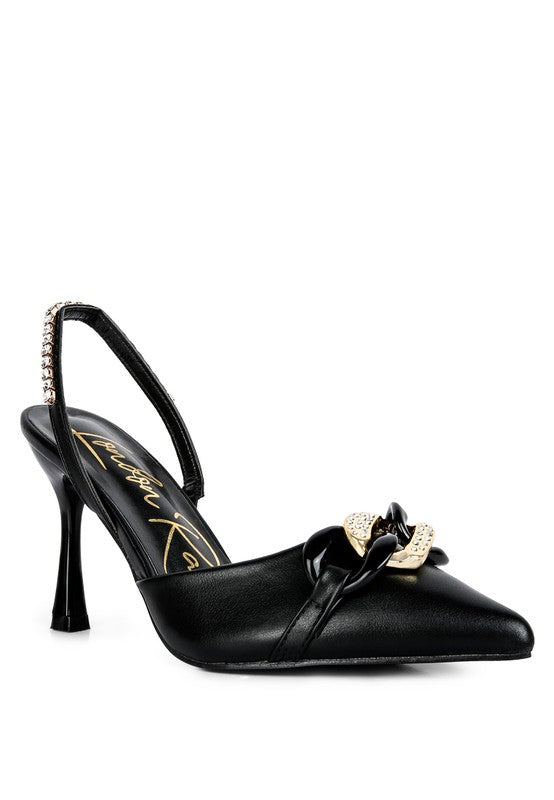 Women's black diamante metal chain sandals for elegant occasions