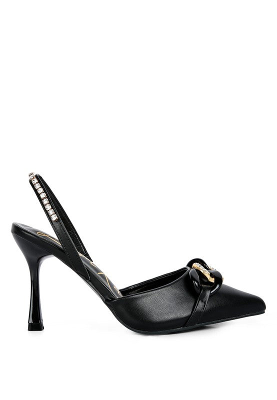 Women's black diamante metal chain sandals for elegant occasions