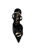 Women's black diamante metal chain sandals with pointed toe design
