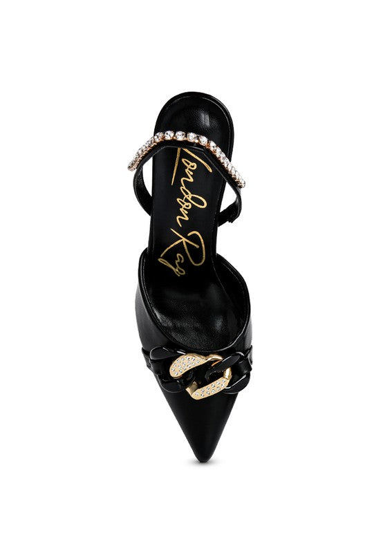 Women's black diamante metal chain sandals with pointed toe design