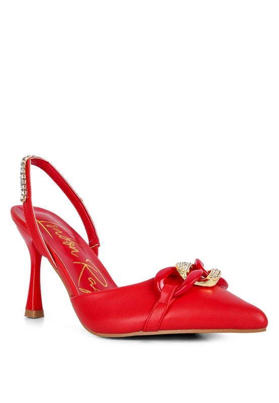 Women's red diamante metal chain sandals with stylish slingback design