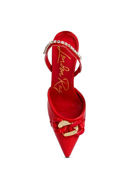 Rag Company red diamante metal chain sandals with elegant buckle detail