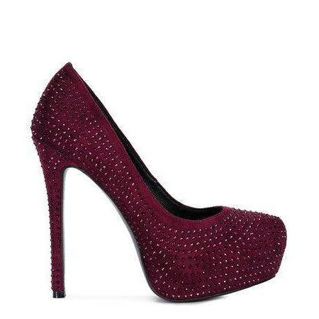 Rag Company elegant high heels in burgundy with sparkling rhinestone embellishments