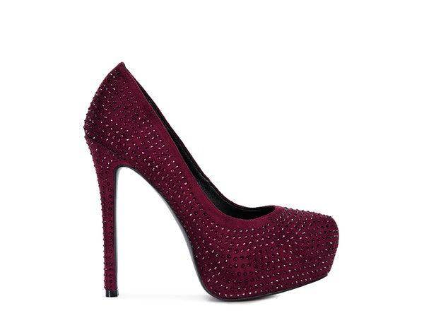 Rag Company elegant high heels in burgundy with sparkling rhinestone embellishments