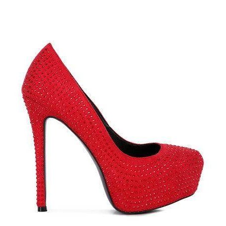 Stunning red elegant high heels with sparkling embellishments and a sleek silhouette