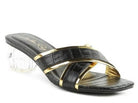 Stylish black sandals with gold accents and low heel, perfect for summer wear