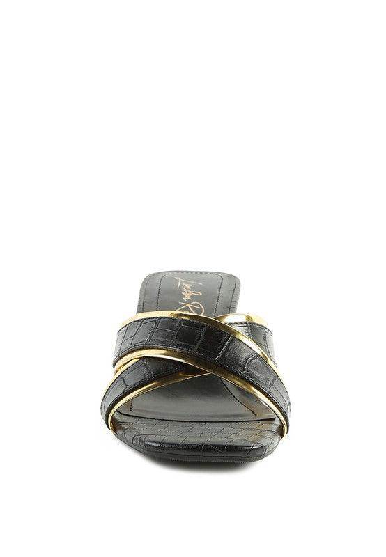 Rag Company gold low heel sandals featuring stylish cross-strap design and comfortable footbed