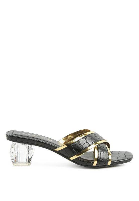 Rag Company gold low heel sandals with stylish cross-strap design and clear block heel