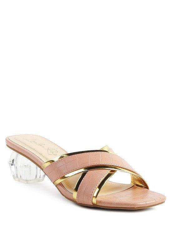 Rag Company gold low heel sandals with stylish crossover straps and a unique transparent heel