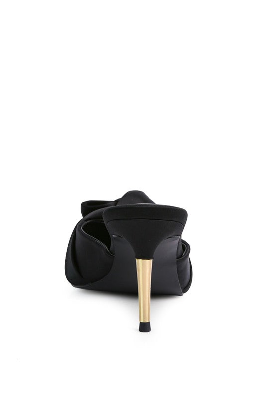 Black satin high heeled mule sandals with elegant design for women