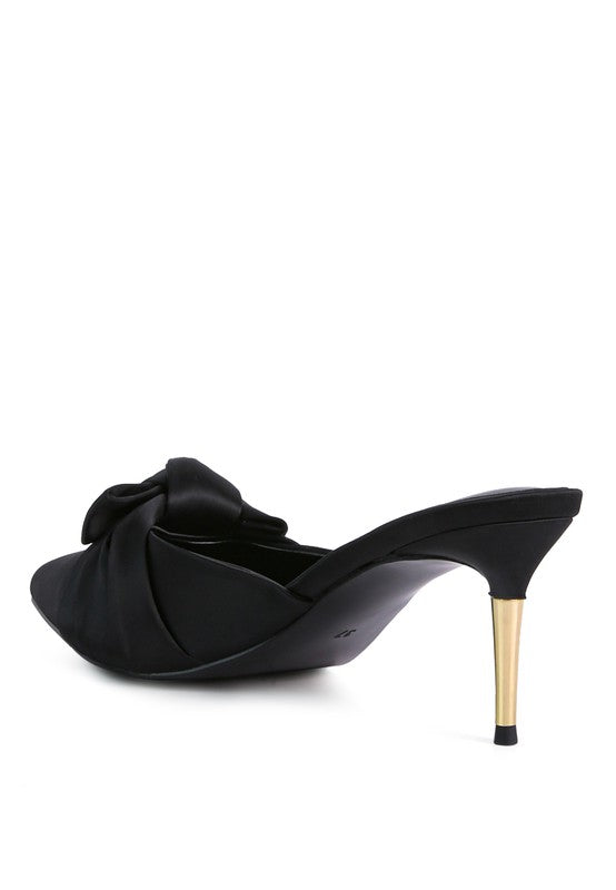Women's black satin high heeled mule sandals with stylish bow detail