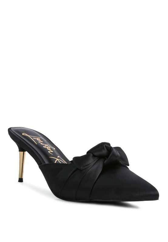 Women's black satin high heeled mule sandals for elegant occasions