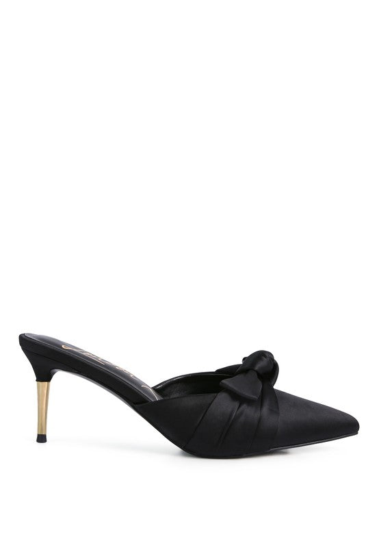 Black satin high heeled mule sandals for elegant evening wear