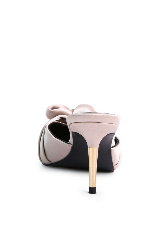 Women's blush satin high heeled mule sandals, stylish for evening wear