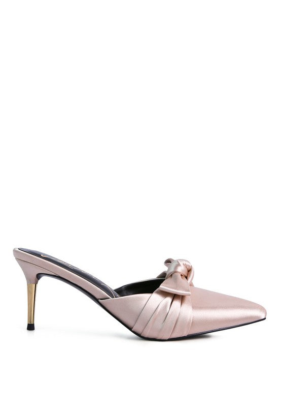 women's satin high heeled mule sandals in blush pink for elegant occasions