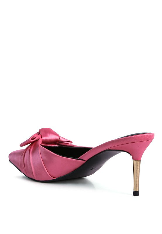 Women's pink satin high heeled mule sandals for elegant occasions