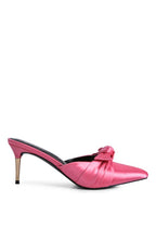 Women's pink satin high heeled mule sandals for elegant outings