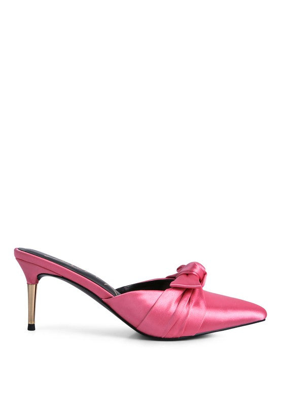 Women's pink satin high heeled mule sandals for elegant outings
