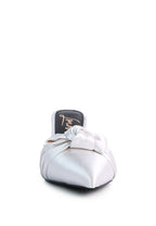 Women's white satin high heeled mule sandals with a bow detail