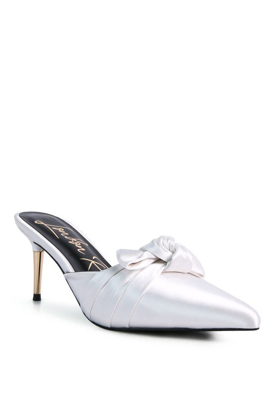Women's satin high heeled mule sandals with bow detail, elegant for special occasions