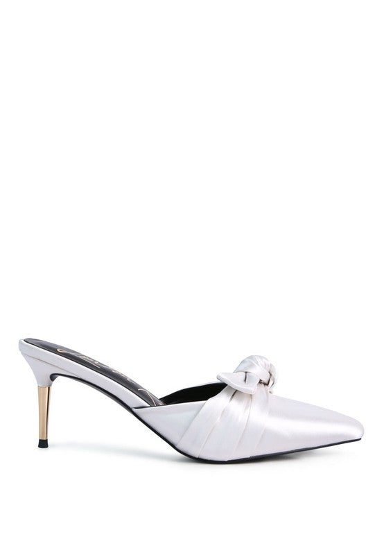 Women's satin high heeled mule sandals in soft white for elegant occasions