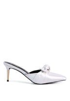 Women's satin high heeled mule sandals in soft white for elegant occasions