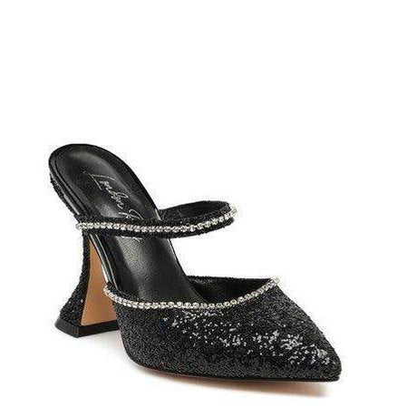 Stylish black sparkly spool heel shoes with embellished straps for elegant occasions