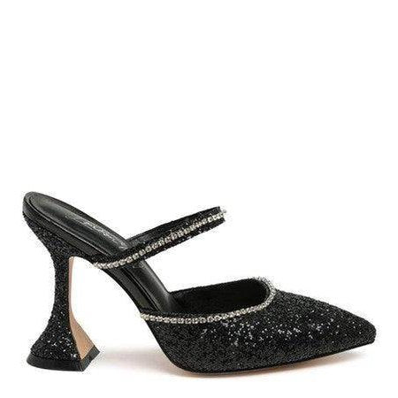 Rag Company sparkly spool heel shoes in black with elegant rhinestone embellishments