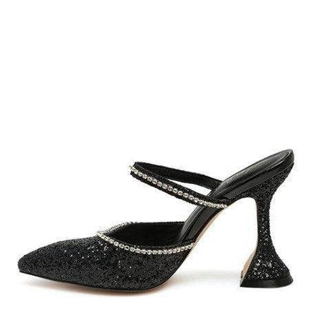 Stylish black sparkly spool heel shoes with unique design and elegant detailing